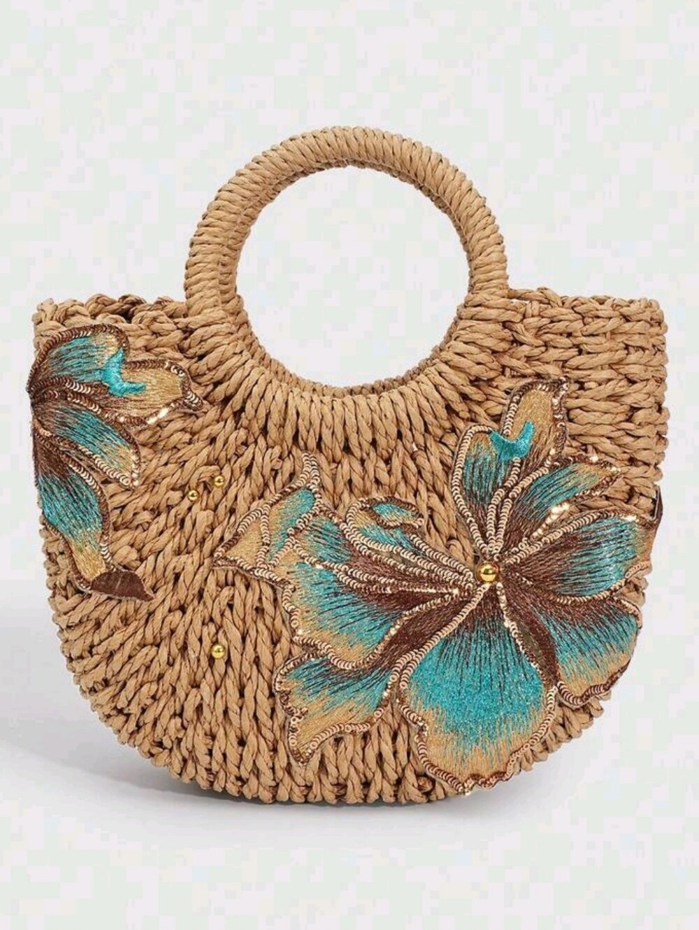 Handwoven Straw Tote with Turquoise Floral Embroidery. NEW.